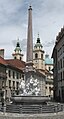 Replica of the Robba Fountain at Town Square, Ljubljana. The sculptural part of the fountain is made of Carrara marble, the obelisk of local Lesno Brdo limestone, and the pool of local Podpeč limestone.