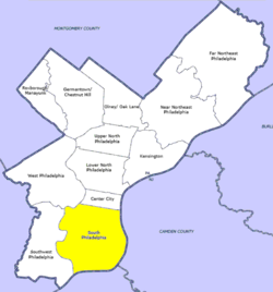 South Philadelphia district, highlighted on a map of Philadelphia County