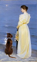 Summer Evening at Skagen. The Artist's Wife and Dog by the Shore (1892)