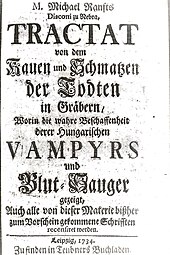 Première page du Tractat von dem Kauen und Schmatzen der Todten in Gräbern (1734), ouvrage de vampirologie de Michael Ranft