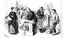 Dessin représentant une femme, un panier sous le bras droit, discutant avec trois hommes, derrière lesquels un autre homme fabrique des pièces de monnaie en tournant un moulin, sous le regard d'un asiatique.