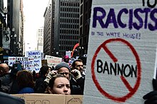 A placard criticizing Bannon at an anti-Trump protest in November 2016 Trump protest (30297762504).jpg