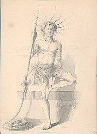 Tuvaluan man in traditional costume drawn by Alfred Agate in 1841 during the United States Navy Exploring Expedition.