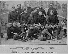 University of Pennsylvania team in front of photo of College Hall in 1896-97, its first season of existence, featuring George Orton future winner of gold medal in the 1900 Summer Olympics im 2500 meter steeplechase (top row, second from the end of the right side) and who was the first disabled person to compete in the Olympics) University of Pennsylvania Hockey Team 1897.jpg