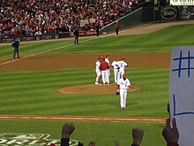 Carpenter being relieved in the top of the 7th, Game 7 of the 2011 World Series. World Series 20011 Game 7 Carpenter Relieved.jpg