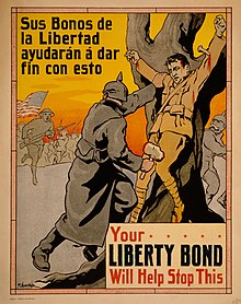 Poster showing a German soldier nailing a man to a tree, as American soldiers come to his rescue. Published in Manila by Bureau of Printing (1917). Your Liberty Bond will help stop this Crisco restoration and colours.jpg