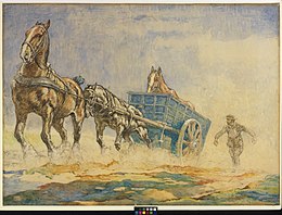 Twee sterke paarden trekken een scharminkelig paard over een heuvelrug. John Edwin Noble, Eerste Wereldoorlog.
