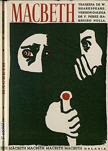 A 1972 book cover for a Galician printing of Macbeth. Theatrical superstition holds that speaking the name Macbeth inside a theatre will lead to a curse. A traxedia de Macbeth 1972 Shakespeare.jpg