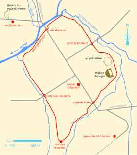 Plan schématique d'Augustodunum avec quelques repères archéologiques.