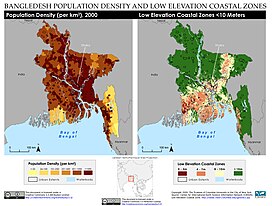 A side-by-side map of the population density of Bangladesh and the Low Elevation Coastal Zone in Bangaldesh.