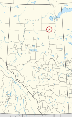 A map of the province of Alberta showing 80 counties and 145 small Indian reserves. One is highlighted with a red circle.