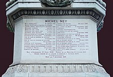 Summary of the career of Marshal Ney on the pedestal supporting by François Rude's statue of Ney in Dijon