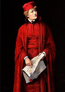 Old portrait of a woman in a red dress, red robes, and a red hat, holding an official-looking document with a ribbon and seal on it