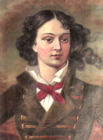 Portrait en buste d'une jeune femme échevelée en uniforme marron à brandebourgs, un nœud rouge autour du cou