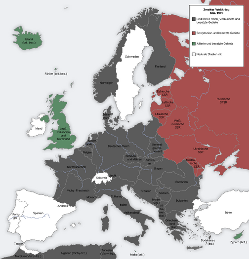 Emdroadur geopolitikel Europa e deroù an oberiadur Barbarossa. MMM Tiriadoù an III(de) Reich, e harperien, ar re a oa dalc'het