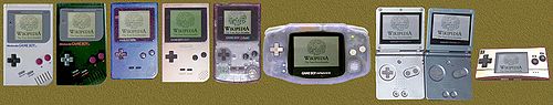 The entire Game Boy line. From left to right: Game Boy, Play it Loud Game Boy, Game Boy Pocket, Game Boy Light, Game Boy Color, Game Boy Advance, Game Boy Advance SP, Game Boy Advance SP Mark II (with brighter backlight), Game Boy Micro.