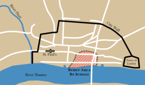 Approximate damage by the evening of Sunday, 2 September, outlined in dashes (Pudding Lane origin is short vertical road in lower right damage area) Great Fire of London Sunday.png