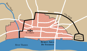 Approximate damage by the evening of Tuesday, 4 September. The fire did not spread significantly on Wednesday, 5 September. Great Fire of London Tuesday.png