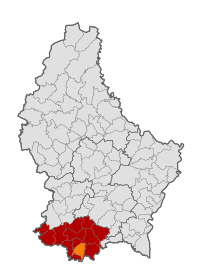 Map of Luxembourg with Kayl highlighted in orange, and the canton in dark red