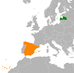 Map indicating locations of Latvia and Spain