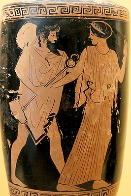 Гермес и Герса. Античная амфора 470 года до н. э. Краснофигурная вазопись. Национальный археологический музей, Мадрид, Испания