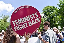 A woman at a demonstration outdoors holds a sign that says Feminists Fight Back