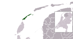 Highlighted position of Vlieland in a municipal map of Friesland