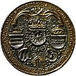 Золотая и серебряная монета с изображением пяти гербов, трех корон и цепи Ордена Золотого руна. Монета окружена текстом.