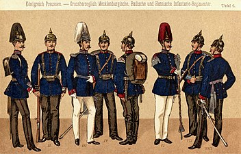I.) Paradeuniform eines Leutnants des I. bzw. III. Bataillons. II.) Uniform für Mannschaften (Wachanzug) des II. Bataillons (Strelitzer).