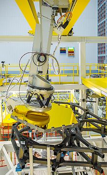 Robotic arm installs primary mirror segments of the James Webb Space Telescope. NASA Webb Telescope Mirrors Installed with Robotic Arm Precision (24544051132).jpg