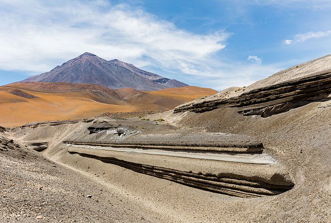 圖為一處叫“聖彼德羅之眼”的地方，位於智利北部安托法加斯塔大區洛阿省玻利維亞邊界附近。這個地方以前是一個圓形的湖（所以叫作“眼”），現在已經乾涸了。後面的火山就是聖佩德羅，這座複式火山的高度為海拔6145米。