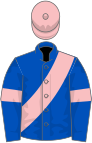 Royal blue, pink sash, armlets and cap