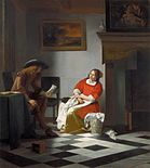 Interieur met een man die een brief leest en een vrouw met naaiwerk, De Hooch
