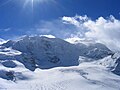 Piz Palü (velvo), Bellavista (vpravo), v popředí Persgletscher (ledovec)