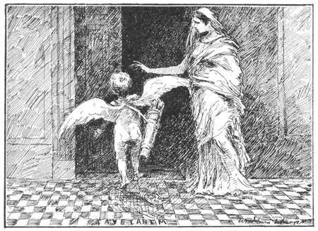 Ilustracja — kobieta wpuszczająca Kupidyna do domu.