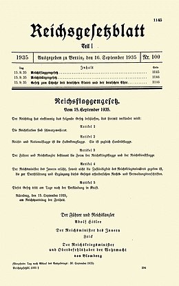 Title page of the German government gazette Reichsgesetzblatt
issue proclaiming the laws, published on 16 September 1935 (RGBl. I No. 100) RGBL I 1935 S 1145.jpg