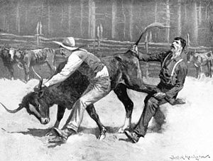 Remington Cowboys wrestling a bull