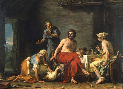 Jean-Bernard Restout, Philemon und Baucis empfangen Jupiter und Hermes gastlich (1769).