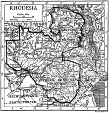 A map of Rhodesia, divided into Southern, North-Western and North-Eastern Rhodesia.