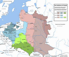 The partitions of Poland, carried out by the Kingdom of Prussia (blue), the Russian Empire (brown), and the Austrian Habsburg Monarchy (green) in 1772, 1793 and 1795 Rzeczpospolita Rozbiory 3.png