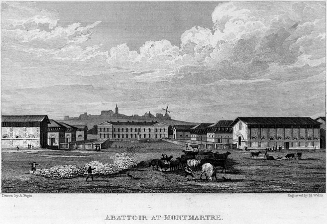 Les abattoirs en 1831. À l'arrière-plan, la colline de Montmartre et ses moulins.