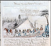 A coffle of slaves being driven on foot from Staunton, Virginia to Tennessee in 1850. Slave Trader, Sold to Tennessee.jpg