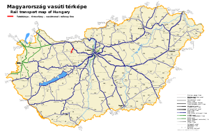 Route map of railways in Hungary showing the Környe–Oroszlány railway line