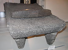 A native American grinder stone tool or "metate" from Central Mexico. Tool (metate)-UBC 2010.jpg