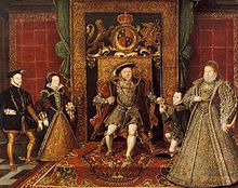 From right to left: Elizabeth I, Edward VI, Henry VIII, Mary I and her husband Philip II of Spain; an allegorical painting meant to show Queen Elizabeth I combined the best virtues of her predecessors, Henry, Edward and Mary Tudors.JPG
