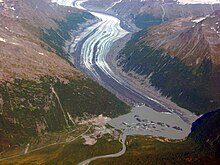 Valdez Glacier has thinned 90 m (300 ft) over the last century, exposing barren ground near the glacial margins. Valdez Glacier.jpg