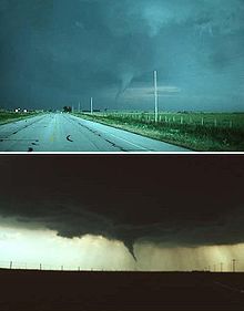 Photographs of the Waurika, Oklahoma tornado of May 30, 1976, taken at nearly the same time by two photographers. In the top picture, the tornado is lit by the sunlight focused from behind the camera, thus the funnel appears bluish. In the lower image, where the camera is facing the opposite direction, the sun is behind the tornado, giving it a dark appearance. Waurika Oklahoma Tornado Back and Front.jpg
