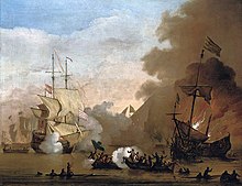An action between an English ship and vessels of the Barbary corsairs Willem van de Velde de Jonge - Een actie van een Engels schip en schepen van de Barbarijse zeerovers.jpg