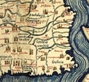 Ano 1459. Fragmento do mapa de Fra Mauro.[371] O pormenorizado planisfério do cartógrafo veneziano apresenta Galicia no noroeste da península ibérica.