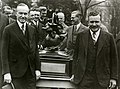 President Calvin Coolidge congratulated Charles Lawrance for his development of air-cooled aircraft radial engine that won the 1927 Collier Trophy for the year's greatest achievement in American aviation.